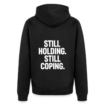 Still Holding Still Coping Krypto Meme Design - Unisex Premium Bio Zip Hoodie - Schwarz - Hinten - Nico (187cm)