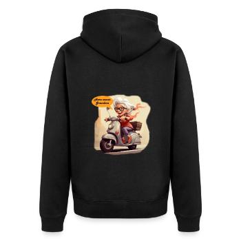 Coole Oma fährt Roller - Unisex Premium Bio Zip Hoodie - Schwarz - Hinten - Nico (187cm)