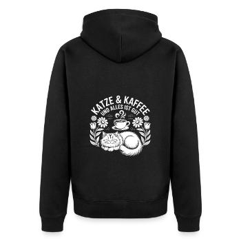 Katze und Kaffee ist alles was ich brauche - Unisex Premium Bio Zip Hoodie - Schwarz - Hinten - Nico (187cm)