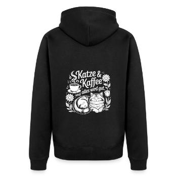 Katze und Kaffee ist alles was ich brauche - Unisex Premium Bio Zip Hoodie - Schwarz - Hinten - Nico (187cm)