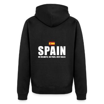 Spain No Helmets No Pads Just Balls Spain Rugby - Unisex Premium Bio Zip Hoodie - Schwarz - Hinten - Nico (187cm)