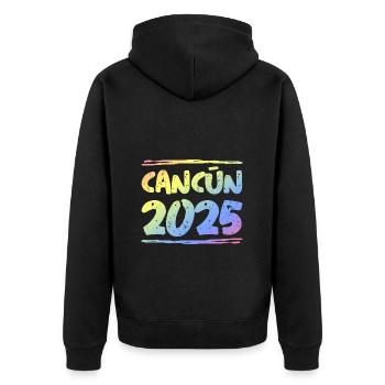 Cancun 2025 Bunt - Unisex Premium Bio Zip Hoodie - Schwarz - Hinten - Nico (187cm)