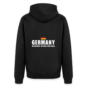 No Helmets No Pads Just Balls Germany Rugby - Unisex Premium Bio Zip Hoodie - Schwarz - Hinten - Nico (187cm)