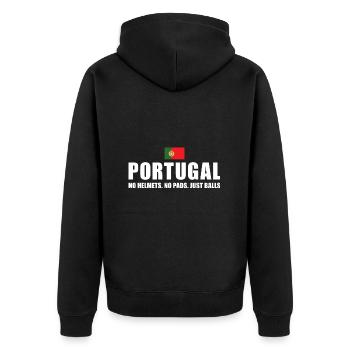 No Helmets No Pads Just Balls Portugal Rugby - Unisex Premium Bio Zip Hoodie - Schwarz - Hinten - Nico (187cm)