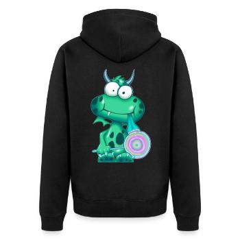 Grünes Monster mit Lolli - Unisex Premium Bio Zip Hoodie - Schwarz - Hinten - Nico (187cm)