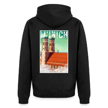 München Vintage Reiseposter mit der Frauenkirche - Unisex Premium Bio Zip Hoodie - Schwarz - Hinten - Nico (187cm)