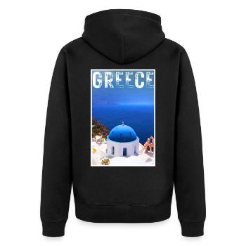 Greece Vintage Reiseposter mit der Stadt Santorini - Unisex Premium Bio Zip Hoodie - Schwarz - Hinten - Nico (187cm)