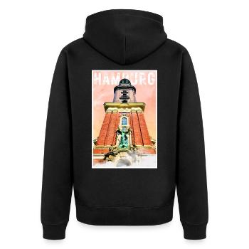 Hamburg Vintage Reiseposter mit dem Michel - Unisex Premium Bio Zip Hoodie - Schwarz - Hinten - Nico (187cm)