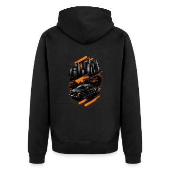 Rein in die Geschwindigkeit - Unisex Premium Bio Zip Hoodie - Schwarz - Hinten - Nico (187cm)