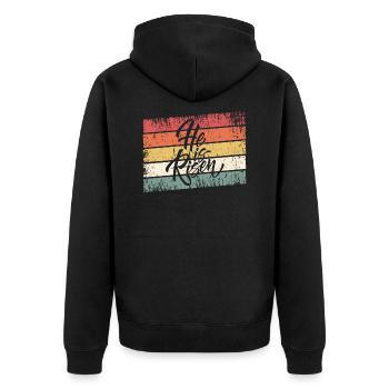 Jesus Christus - Christliches Shirt - He is risen - Unisex Premium Bio Zip Hoodie - Schwarz - Hinten - Nico (187cm)