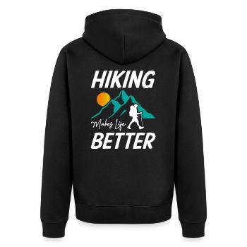 Hiking Makes Life Better - Unisex Premium Bio Zip Hoodie - Schwarz - Hinten - Nico (187cm)