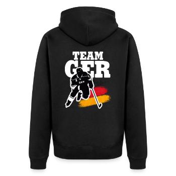 EISHOCKEY DEUTSCHLAND GERMANY - Unisex Premium Bio Zip Hoodie - Schwarz - Hinten - Nico (187cm)
