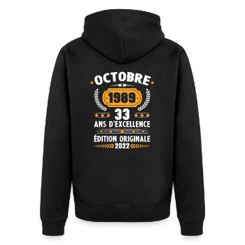 Cadeau D'anniversaire Rétro 33 Ans Octobre 1989 - Veste à capuche bio Premium Unisexe - noir - Dos - Nico (187cm)