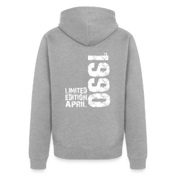 1990 Avril Anniversaire T-Shirt Rétro - Veste à capuche bio Premium Unisexe - gris chiné - Dos - Nico (187cm)
