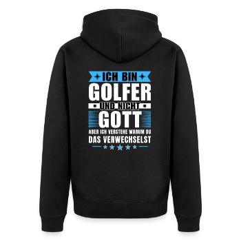 Ich bin Golfer und nicht Gott - Unisex Premium Bio Zip Hoodie - Schwarz - Hinten - Nico (187cm)