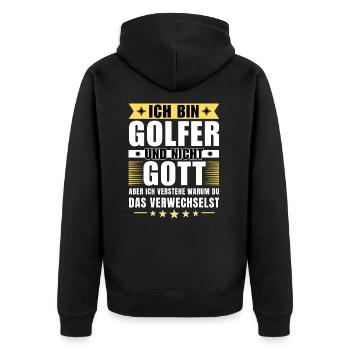 Ich bin Golfer und nicht Gott - Unisex Premium Bio Zip Hoodie - Schwarz - Hinten - Nico (187cm)