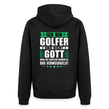 Ich bin Golfer und nicht Gott - Unisex Premium Bio Zip Hoodie - Schwarz - Hinten - Nico (187cm)