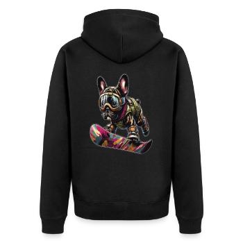 Französische Bulldogge, Snowboard - Unisex Premium Bio Zip Hoodie - Schwarz - Hinten - Nico (187cm)