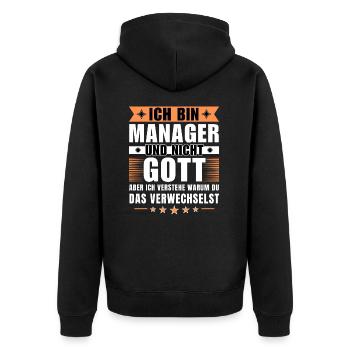 Ich bin Manager und nicht Gott - Unisex Premium Bio Zip Hoodie - Schwarz - Hinten - Nico (187cm)