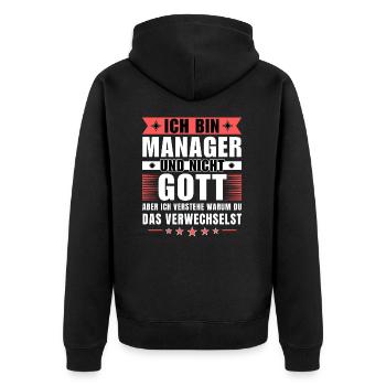 Ich bin Manager und nicht Gott - Unisex Premium Bio Zip Hoodie - Schwarz - Hinten - Nico (187cm)