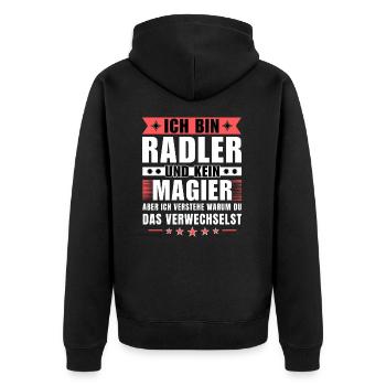 Ich bin Radler und kein Magier - Unisex Premium Bio Zip Hoodie - Schwarz - Hinten - Nico (187cm)