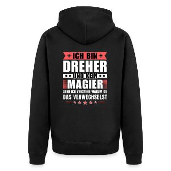 Ich bin Dreher und kein Magier - Unisex Premium Bio Zip Hoodie - Schwarz - Hinten - Nico (187cm)