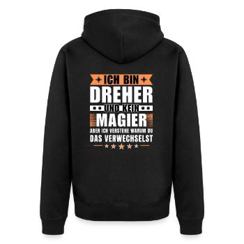 Ich bin Dreher und kein Magier - Unisex Premium Bio Zip Hoodie - Schwarz - Hinten - Nico (187cm)