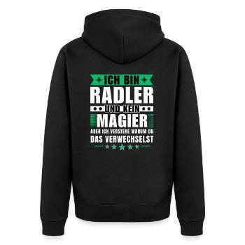 Ich bin Radler und kein Magier - Unisex Premium Bio Zip Hoodie - Schwarz - Hinten - Nico (187cm)