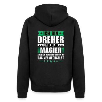 Ich bin Dreher und kein Magier - Unisex Premium Bio Zip Hoodie - Schwarz - Hinten - Nico (187cm)