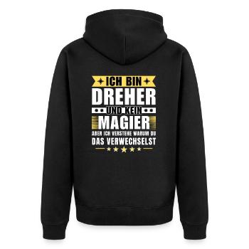 Ich bin Dreher und kein Magier - Unisex Premium Bio Zip Hoodie - Schwarz - Hinten - Nico (187cm)