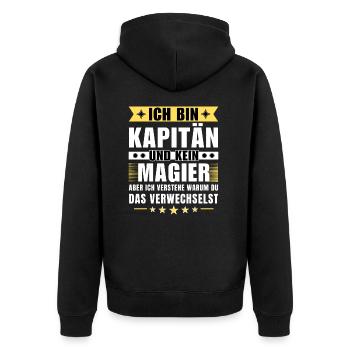 Ich bin Kapitän und kein Magier - Unisex Premium Bio Zip Hoodie - Schwarz - Hinten - Nico (187cm)