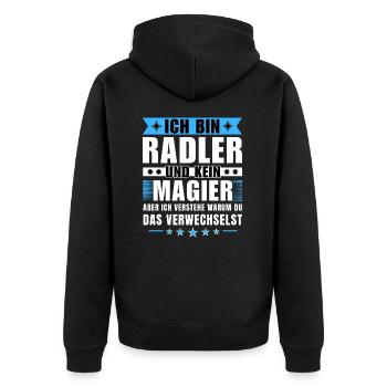 Ich bin Radler und kein Magier - Unisex Premium Bio Zip Hoodie - Schwarz - Hinten - Nico (187cm)
