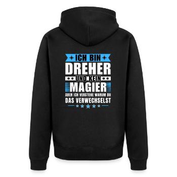 Ich bin Dreher und kein Magier - Unisex Premium Bio Zip Hoodie - Schwarz - Hinten - Nico (187cm)