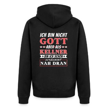 Ich bin nicht Gott aber als Kellner nah dran - Unisex Premium Bio Zip Hoodie - Schwarz - Hinten - Nico (187cm)