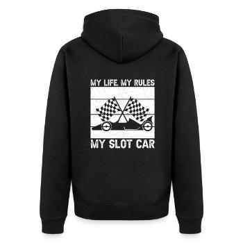 Slotrace My Life My Rules My Slot Cars Gift - Unisex Premium Bio Zip Hoodie - Schwarz - Hinten - Nico (187cm)