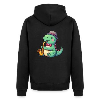 T-Rex Dino Saxofonist Jazz - Unisex Premium Bio Zip Hoodie - Schwarz - Hinten - Nico (187cm)