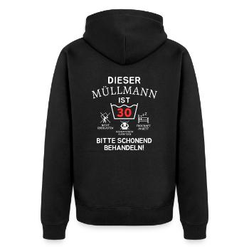 Dieser Müllmann ist 30. Schonend behandeln - Unisex Premium Bio Zip Hoodie - Schwarz - Hinten - Nico (187cm)