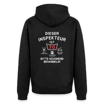 This inspector is 70. Treat gently - Unisex Premium Organic Zip Hoodie - black - Back - Nico (187cm)