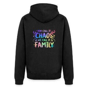 Du nennst es Chaos, wir nennen es Familienzitat - Unisex Premium Bio Zip Hoodie - Schwarz - Hinten - Nico (187cm)