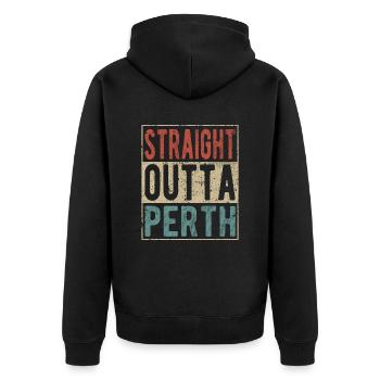 Direkt aus Perth heraus - Unisex Premium Bio Zip Hoodie - Schwarz - Hinten - Nico (187cm)