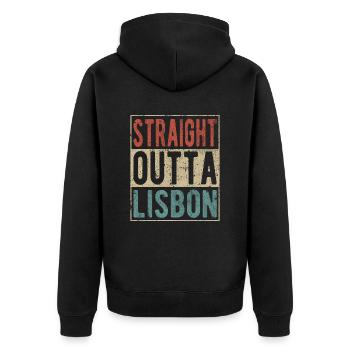 Direkt nach Lissabon - Unisex Premium Bio Zip Hoodie - Schwarz - Hinten - Nico (187cm)