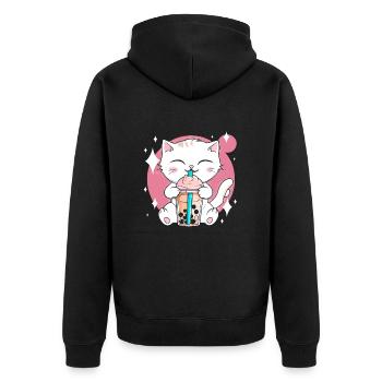 Kawaii Bubble Tea Katze Boba Milch - Unisex Premium Bio Zip Hoodie - Schwarz - Hinten - Nico (187cm)
