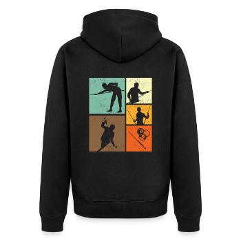 Billard-Retro-Vintage-Billardspieler-Grafik - Unisex Premium Bio Zip Hoodie - Schwarz - Hinten - Nico (187cm)
