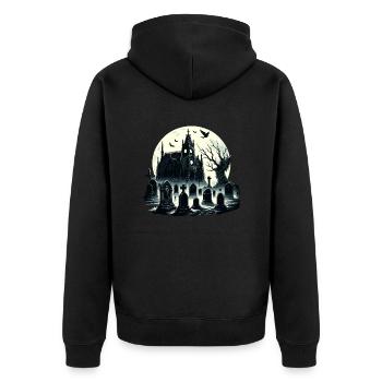 Rätselhafter gotischer Friedhof: Nebliges Mondlicht - Unisex Premium Bio Zip Hoodie - Schwarz - Hinten - Nico (187cm)