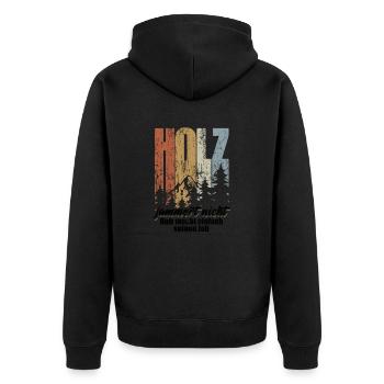 Holz jammert nicht, Holz macht einfach seinen Job - Unisex Premium Bio Zip Hoodie - Schwarz - Hinten - Nico (187cm)