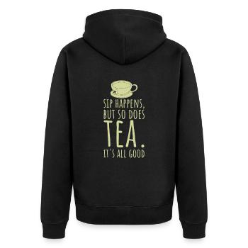 Teeliebhaber-Geschenkschluck kommt vor, aber auch Tee - Unisex Premium Bio Zip Hoodie - Schwarz - Hinten - Nico (187cm)