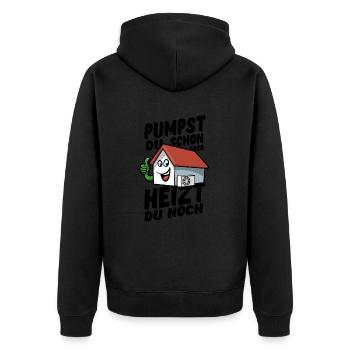 Pumpst du schon oder heizt du noch? - Wärmepumpe - Unisex Premium Bio Zip Hoodie - Schwarz - Hinten - Nico (187cm)