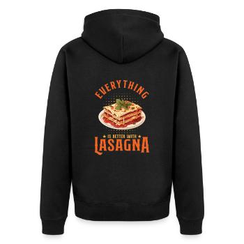 Mit Lasagne ist alles besser - Unisex Premium Bio Zip Hoodie - Schwarz - Hinten - Nico (187cm)