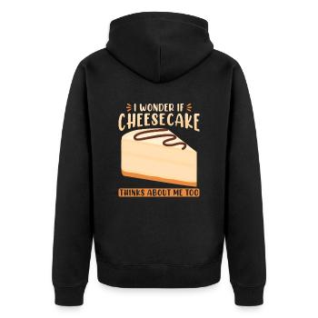 Ich frage mich, ob Cheesecake auch an mich denkt - Unisex Premium Bio Zip Hoodie - Schwarz - Hinten - Nico (187cm)