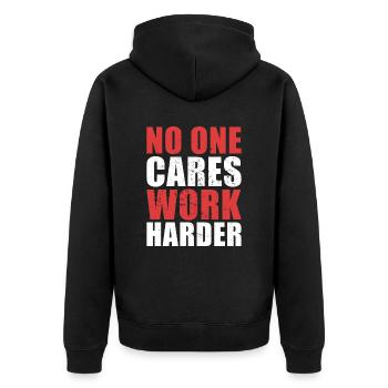 Fitnessstudio Workout Fitness Niemand kümmert sich darum, härter zu arbeiten - Unisex Premium Bio Zip Hoodie - Schwarz - Hinten - Nico (187cm)